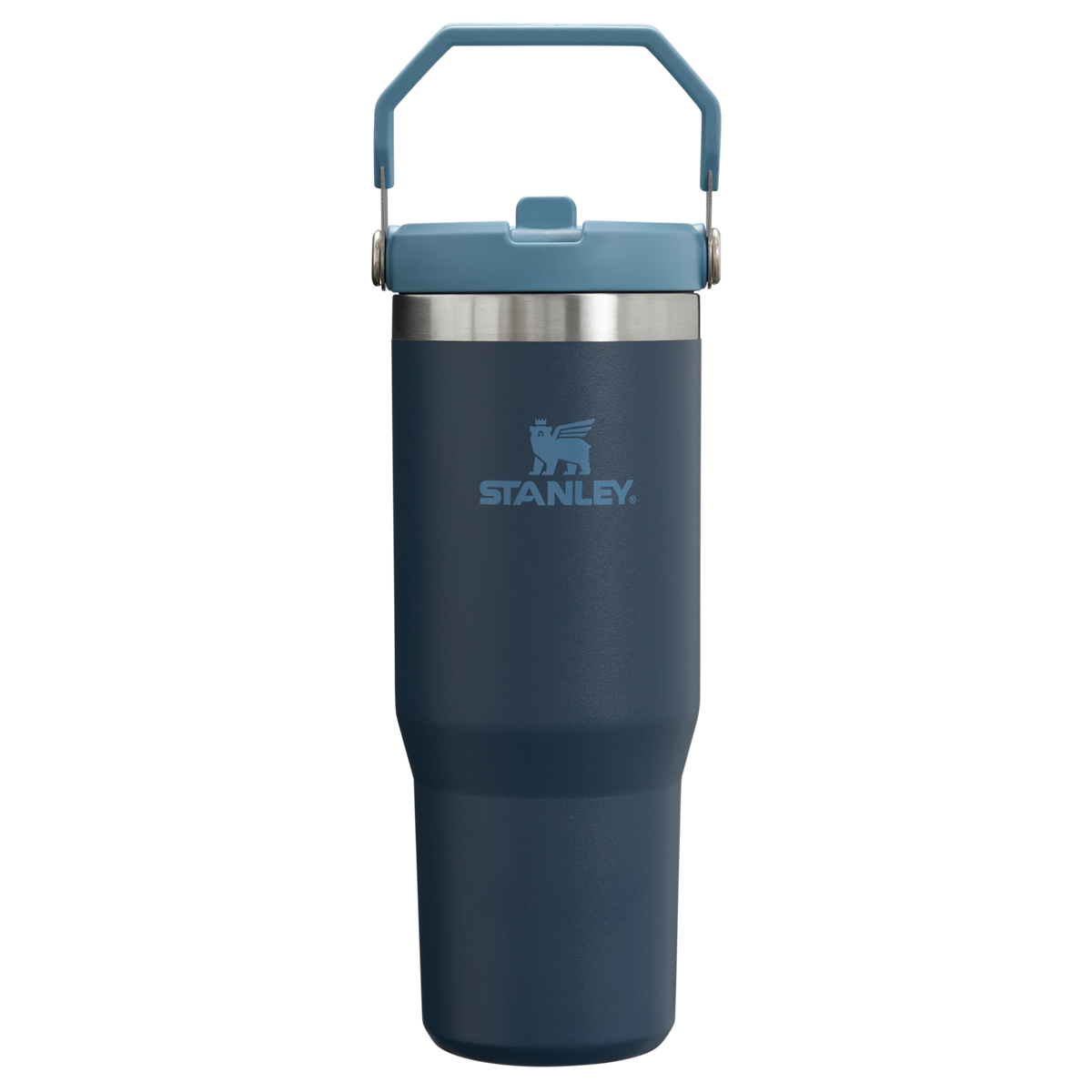 Stanley 1913 IceFlow Flip Straw Tumbler in navy blue with foldable handle and flip-top lid